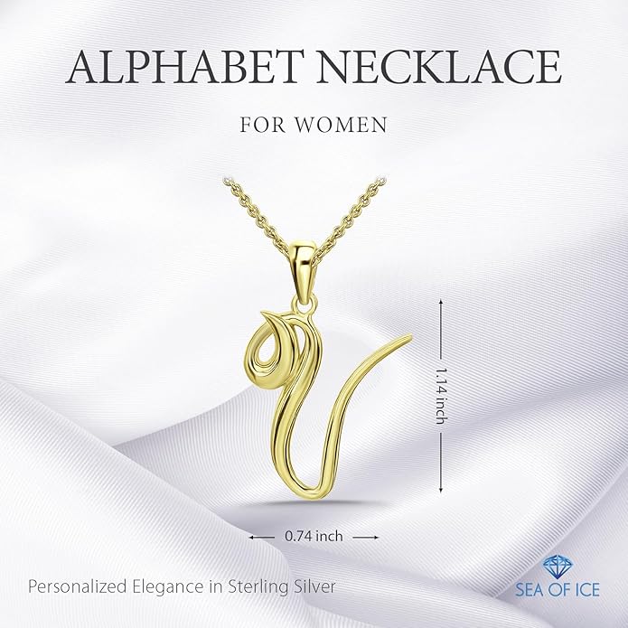 SEA OF ICE Letter Initial Necklace, Alphabet Letter Pendant Necklace, Sterling Silver, Gold, Rose Gold Necklace for Women, Elegant Initial Necklaces, Personalized Custom Women's Necklaces