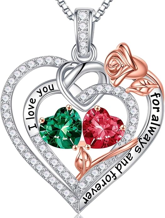 Iefil Rose Heart Necklace Gifts for Wife Women - 925 Sterling Silver Double Birthstone Necklace, Anniversary Birthday Gifts for Women, Jewelry Gift for Wife Girlfriend Mom Her