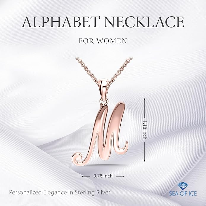 SEA OF ICE Letter Initial Necklace, Alphabet Letter Pendant Necklace, Sterling Silver, Gold, Rose Gold Necklace for Women, Elegant Initial Necklaces, Personalized Custom Women's Necklaces