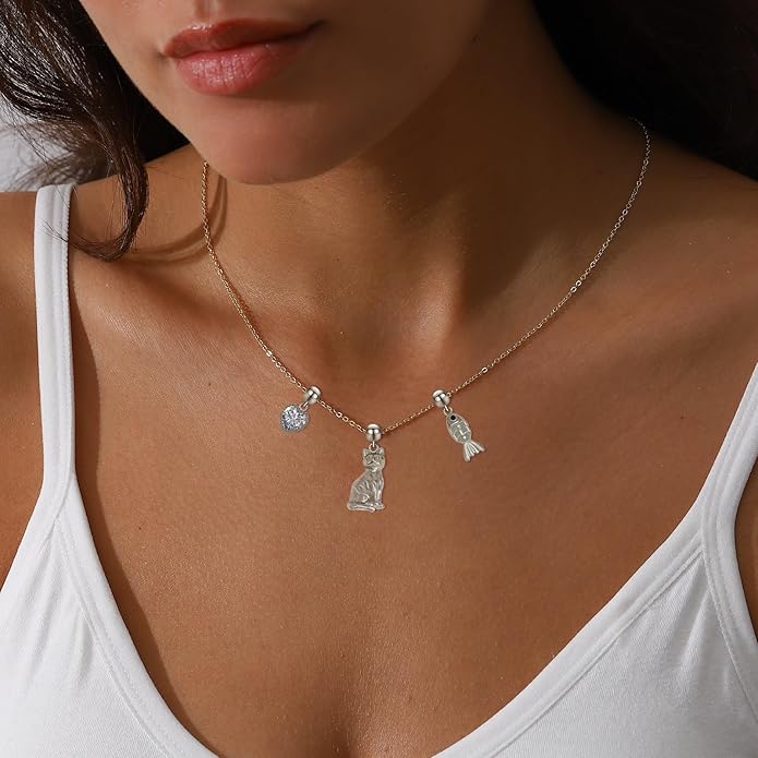 Summer Holiday Necklace,Dainty Chain, Charm Necklace For Women,Cute Cat Charm,Natural Pearls,18k Gold Plated,Choose Your Favorite Charm, Change Easily