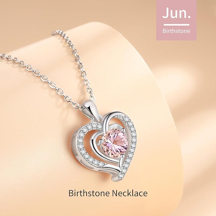 Heart Necklace, I Love You Always & Forever, Birthstone Cubic Zirconia Pendant, Gift for Women