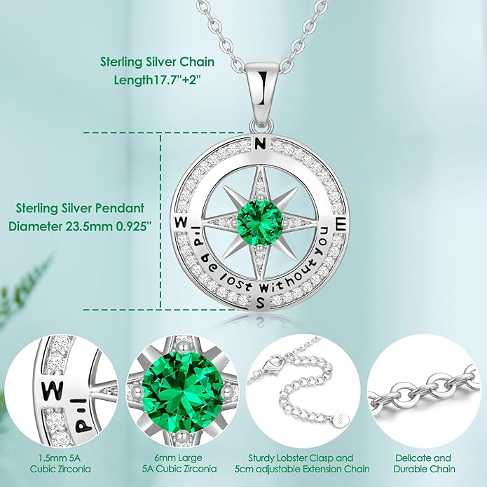 Compass Necklace Gifts for Women wife - S925 Sterling Silver Birthstone Necklaces for Women - Anniversary Birthday Gifts for Her Wife Girlfriend - Valentines Mom Mothers Day Christmas Gifts Jewelry for Women