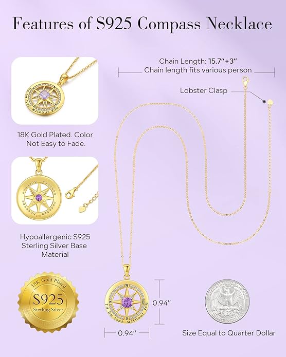 S925 Necklace Gift for Wife |Compass Jewelry |Women Anniversary |Sterling Silver |Girlfriend Birthday Gifts for Her Valentines |I'd be Lost without You |Jewel 18K Gold