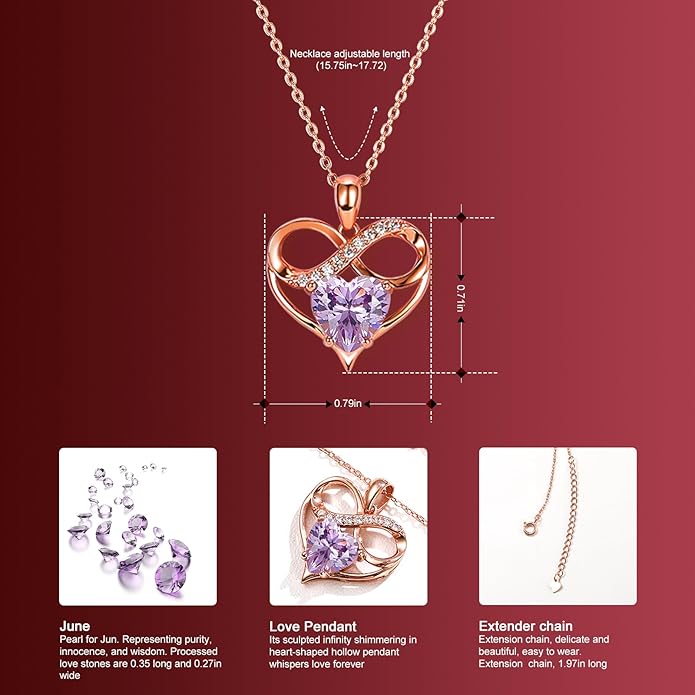 Rose Gold Birthstone Necklaces Heart Birthstone Pendant Necklaces For Women Valentine's Day Mother's Day Anniversary Christmas Gifts