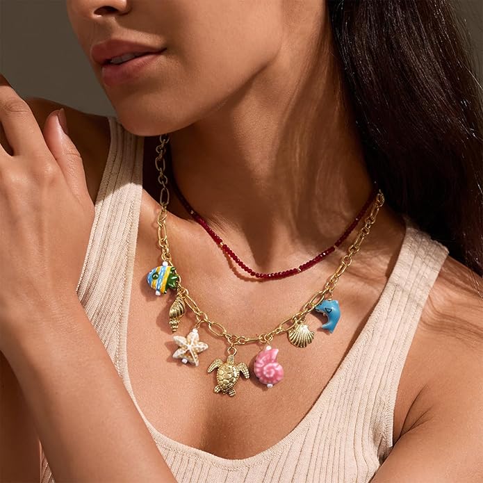 KissYan Charm Necklace for Women, 14K Gold Plated Heart Starfish Sun Pendant Fashion Link Chain Boho Summer Beach Jewelry Gifts