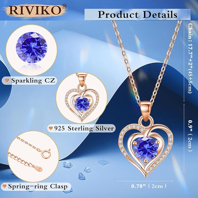 RIVIKO Heart Birthstone Pendant Necklace for Women 925 Sterling Silver Zirconia Necklaces Wedding Anniversary Birthday Mothers Day Jewelry Gifts For Her Mother Wife