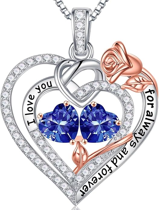 Iefil Rose Heart Necklace Gifts for Wife Women - 925 Sterling Silver Double Birthstone Necklace, Anniversary Birthday Gifts for Women, Jewelry Gift for Wife Girlfriend Mom Her