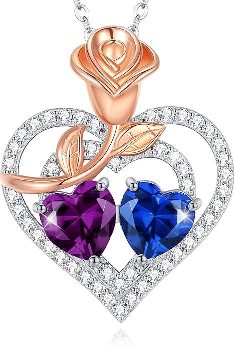 AGVANA Birthstone Necklace for Women Sterling Silver Rose Flower Heart Double Birthstone Jewelry Pendant Necklace Anniversary Birthday Gifts for Women Mom Wife Girlfriend Her