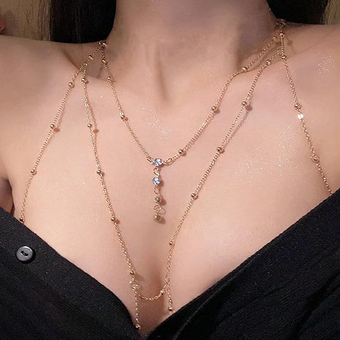 14K Gold Body Chains for Women, Sexy Layered Belly Waist Chain Bikini Bra Chain, Summer Beach Rhinestone Body Jewelry