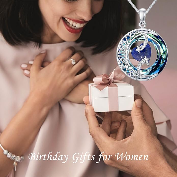 TOUPOP Birthstone Necklace 925 Sterling Silver Moon and Star Pendant with Blue Crystal Celtic Moon Jewelry Birthday Christmas Gifts for Women Mom Wife Her Daughter