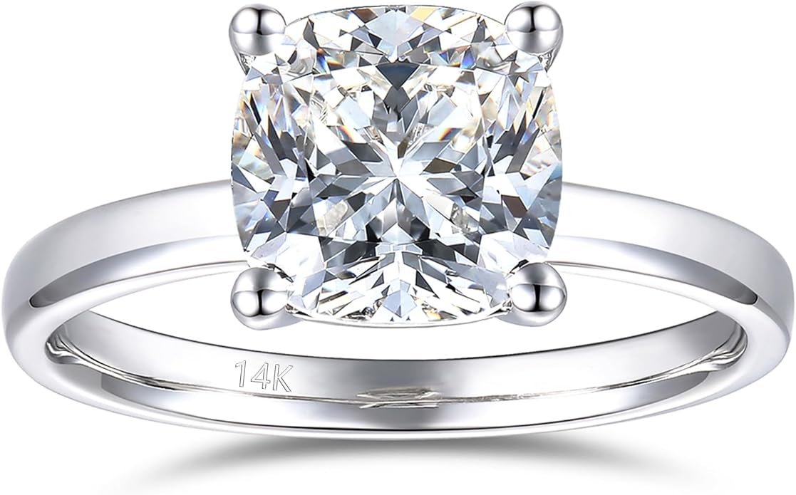 14K White Gold Engagement Rings, 14K 3 CT Cushion Cut Moissanite Rings, 14K Solitaire Moissanite Engagement Ring, 14K Gold Moissanite Ring