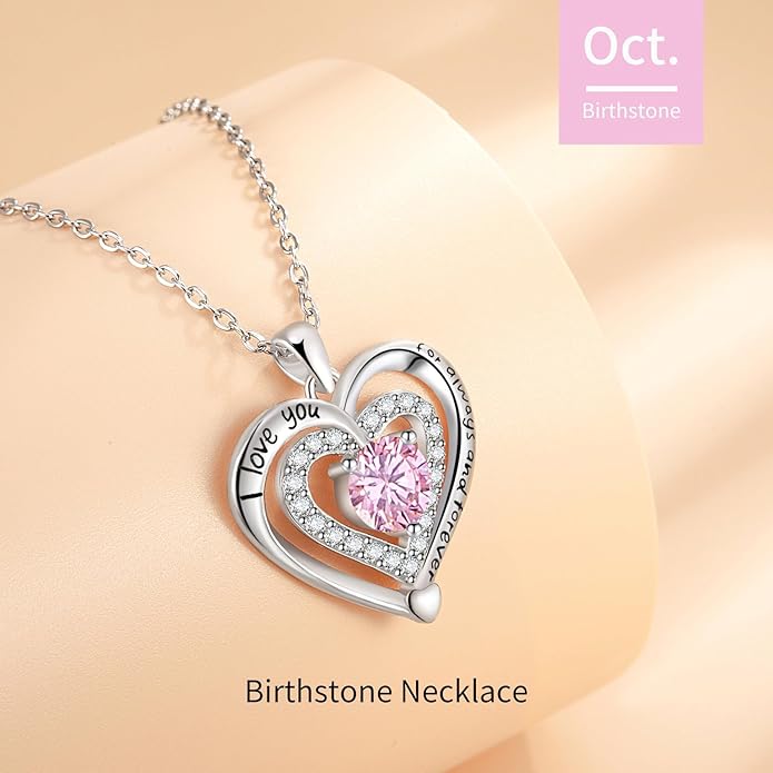 Heart Necklace, I Love You Always & Forever, Birthstone Cubic Zirconia Pendant, Gift for Women