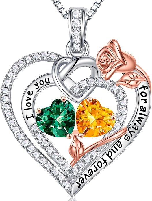 Iefil Rose Heart Necklace Gifts for Wife Women - 925 Sterling Silver Double Birthstone Necklace, Anniversary Birthday Gifts for Women, Jewelry Gift for Wife Girlfriend Mom Her