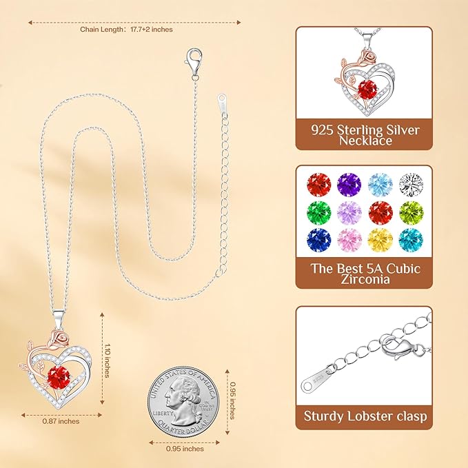 moshen Rose Heart Necklace for Women,925 Sterling Silver Birthstone Pendant - Gift for Women on Valentine's Day, Birthday, Christmas, Anniversary, Mather's Day (01-January-Garnet Red)