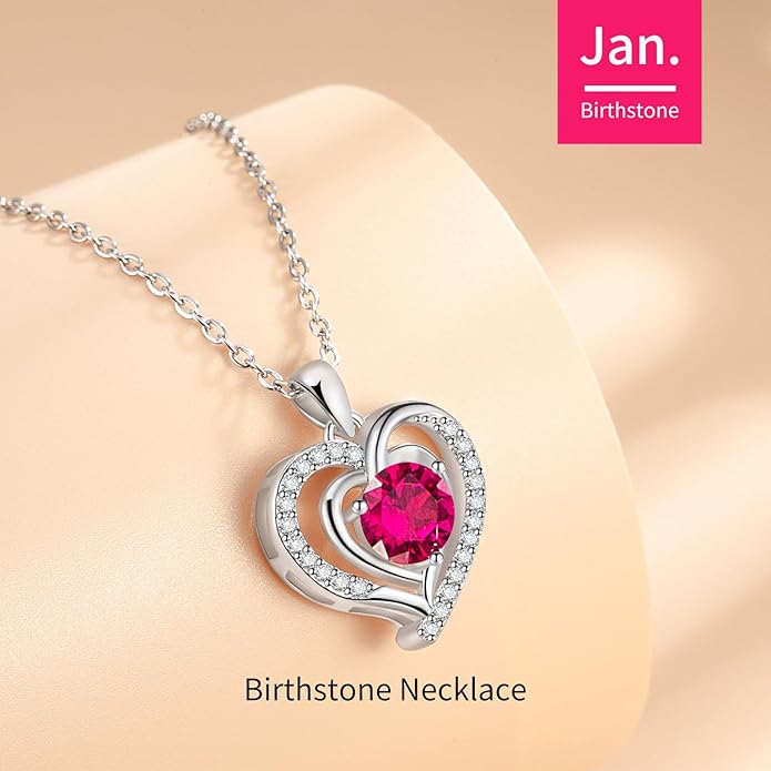 Heart Necklace, I Love You Always & Forever, Birthstone Cubic Zirconia Pendant, Gift for Women