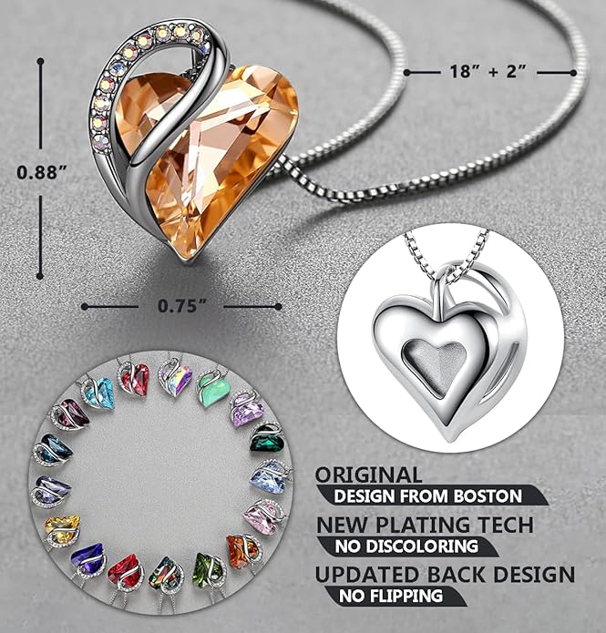 Necklaces for Women, Infinity Love Birthstone Heart Crystal Pendant, Birthday Jewelry Gifts for Her, Mom, and Wife, Silver Plated, 18 plus 2 inch Adjustable Chain