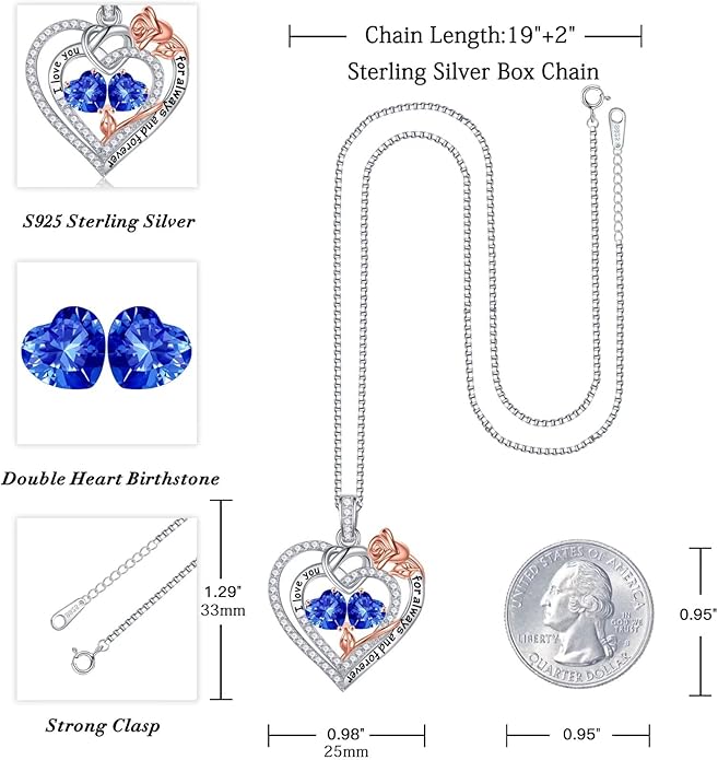 Iefil Rose Heart Necklace Gifts for Wife Women - 925 Sterling Silver Double Birthstone Necklace, Anniversary Birthday Gifts for Women, Jewelry Gift for Wife Girlfriend Mom Her