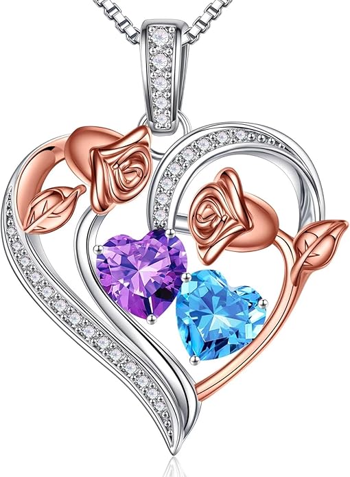 Iefil Birthstone Necklace for Women - 925 Sterling Silver Rose Heart Necklace, Birthstone Jewelry, Anniversary Birthday Gifts for Wife Girlfriend Mom Daughter