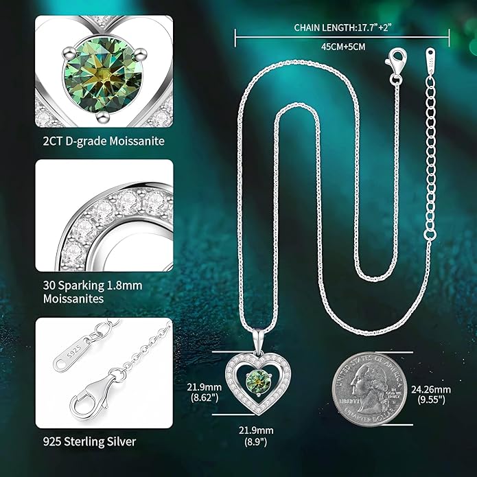 Full Moissanite Heart Necklace - No CZ! 2ct Vibrant Birthstone & 30 White Gems | 12 Month Gifts for Wife, Mom, Her | Anniversary, Valentine's Day, Mother's Day Jewelry