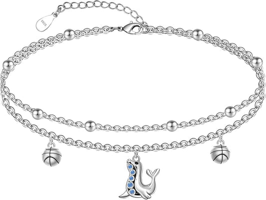 CHIC & ARTSY Womens Sterling Silver Created Opal Layered Anklet Bracelet Dainty Beaded Chain Adjustable 11" Best Friend Anklet