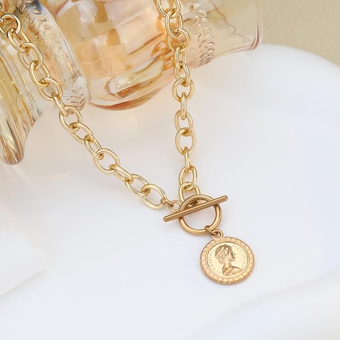 Charm Necklace for Women Gold Evil Eye Sun Moon Flower Coin Pendant Necklace Dainty Paperclip Chain Vintage Luck Amulet Choker Necklaces Celestial Jewelry Gift