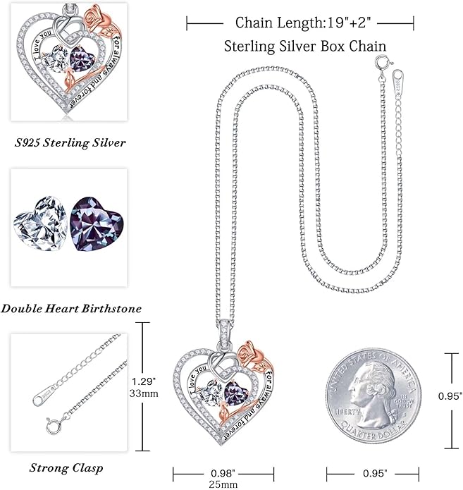 Iefil Rose Heart Necklace Gifts for Wife Women - 925 Sterling Silver Double Birthstone Necklace, Anniversary Birthday Gifts for Women, Jewelry Gift for Wife Girlfriend Mom Her