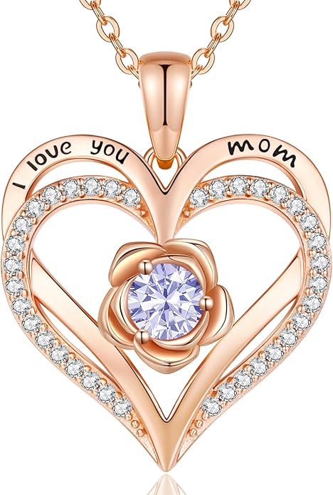 CDE S925 Silver Rose Gold Heart Birthstone Necklaces for Women，Ideal Anniversary or Birthday Jewelry Gifts for Wife Girlfriend Her