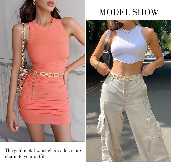 WHIPPY Metal Waist Chain Belt Women Adjustable Body Link Belts Ladies Fashion Chain for Jeans Dress