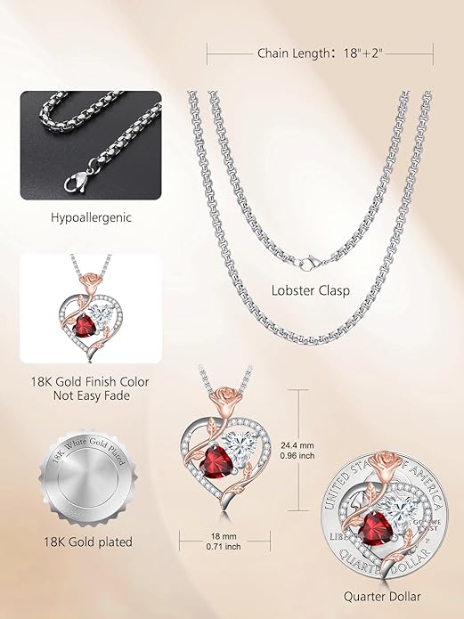 Jewelry for Her Double Heart Rose Birthstone Pendant Necklace Anniversary Jewelry Christmas Birthday Gifts for Women Wife Girlfriend