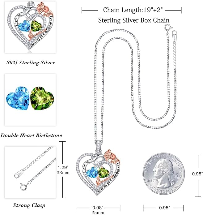Iefil Rose Heart Necklace Gifts for Wife Women - 925 Sterling Silver Double Birthstone Necklace, Anniversary Birthday Gifts for Women, Jewelry Gift for Wife Girlfriend Mom Her