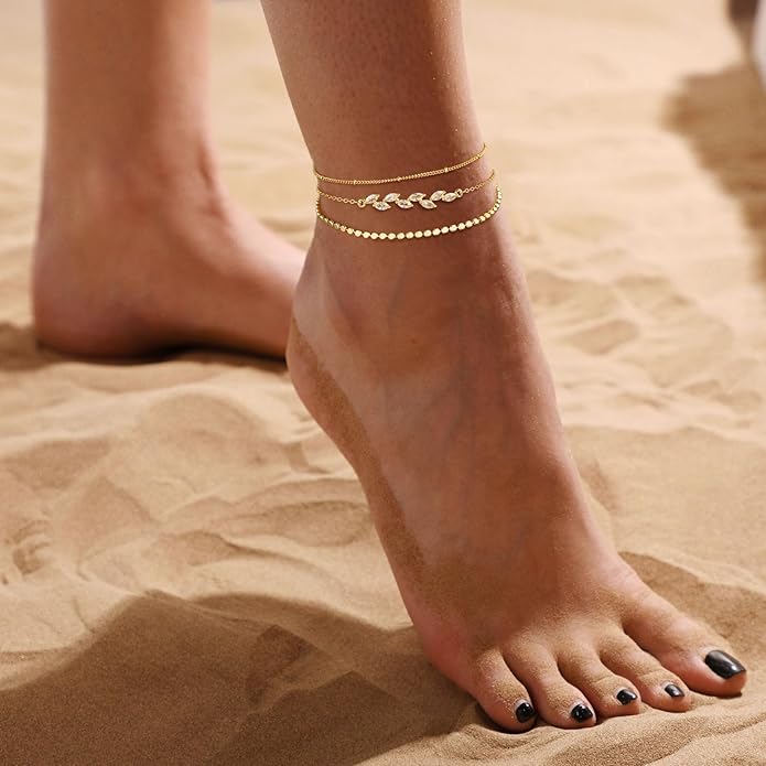 Ankle Bracelets for Women 14K Real Gold Silver Plated Ankle Bracelets Waterproof Heart Beads Rope Satellite Anklets Set Adjustable Layered Anklet Bracelets No Tarnish Summer Beach Jewelry Gift