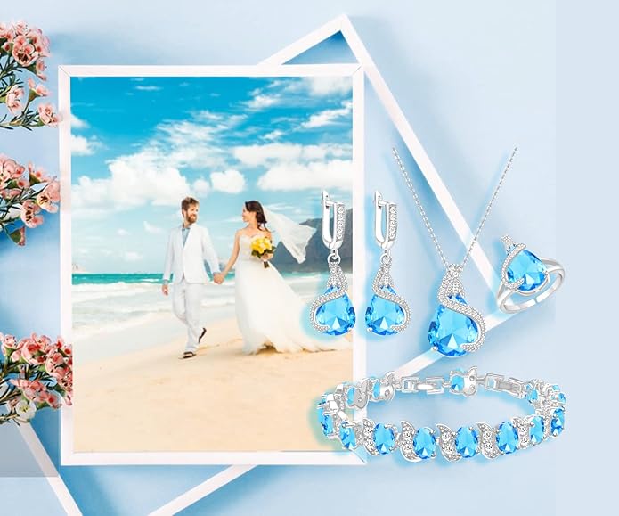 GZWHD Jewelry Set for Women Water Drop Cubic Zirconia Artificial Crystal Earrings Pendant Necklace Open Ring Tennis Bracelet Wedding Anniversary Birthday Engagement Gift for Bridesmaid Wife Girlfriend Friend