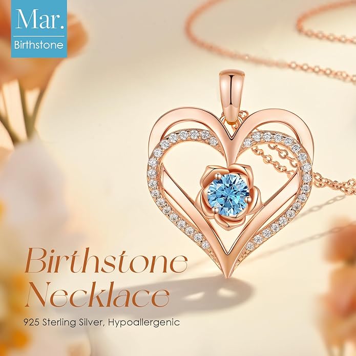 CDE S925 Silver Rose Gold Heart Birthstone Necklaces for Women，Ideal Anniversary or Birthday Jewelry Gifts for Wife Girlfriend Her