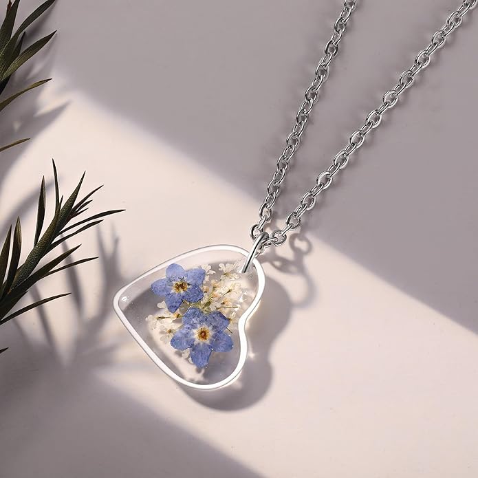 Forget-Me-Not and Queen Anne's Lace Pressed Wildflower Necklace | Birth Month Real Flower Necklace | Gold/Silver Pressed Flower Jewelry | Personalized Handmade Jewelry