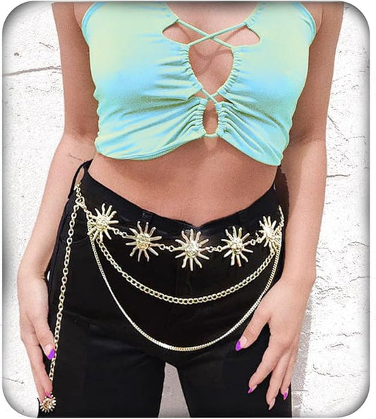 Tornito Metal Waist Chain Gold Chain Belt Chunky Belly Link Chain Moon Double O Ring Sunflower Body Chain Jewelry for Women Dresses Adjustable