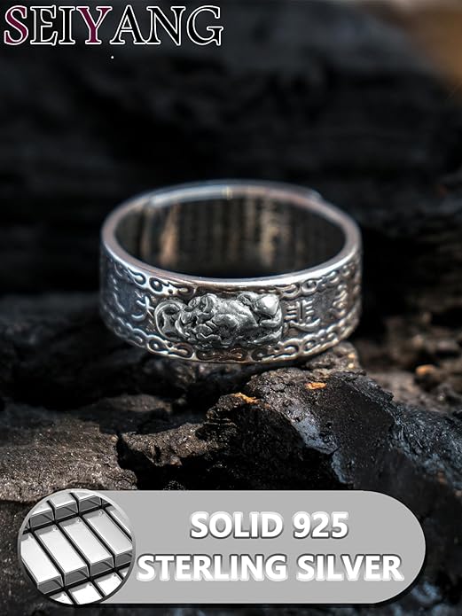Seiyang Feng Shui Ring 925 Stering Silver Pixiu Mantra Ring Protection Wealth Adjustable Rings Gift for Men Women (with Gift Box)