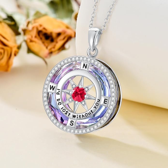 TOUPOP Compass Necklace for Women 925 Sterling Silver I'd be Lost without You Compass Pendant Birthstone Necklaces Anniversary Jewelry Birthday Gift for Girlfriend Wife Graduation Gifts for Her Daugthter