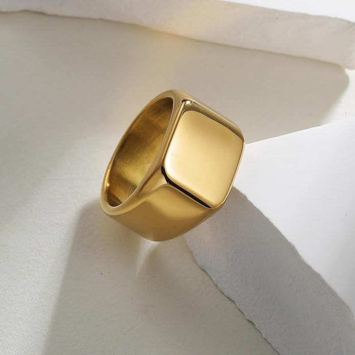 Mens Signet Rings Stainless Steel Pinky Ring for Men Women Silver/Black/Gold Square Cool Finger Ring, Gift for Dad Husband