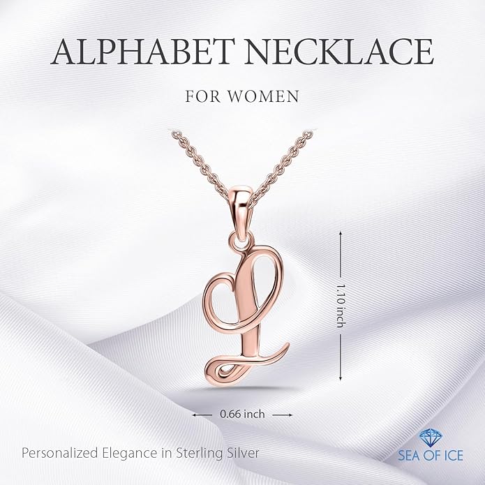 SEA OF ICE Letter Initial Necklace, Alphabet Letter Pendant Necklace, Sterling Silver, Gold, Rose Gold Necklace for Women, Elegant Initial Necklaces, Personalized Custom Women's Necklaces