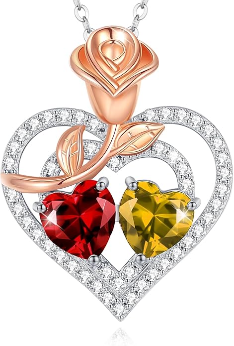 AGVANA Birthstone Necklace for Women Sterling Silver Rose Flower Heart Double Birthstone Jewelry Pendant Necklace Anniversary Birthday Gifts for Women Mom Wife Girlfriend Her