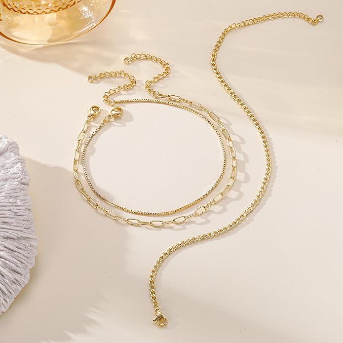 Ritach Ankle Bracelets for Women - Stainless Steel Silver/Gold Anklets for Women Waterproof Layered Cuban Link Figaro Chain Heart Anklets Set Summer Beach Jewelry Gifts