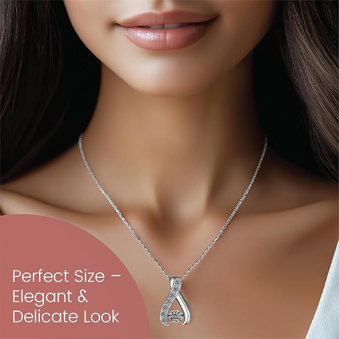 Sterling Silver Moissanite Pendant Necklace, 0.3 CT Center Stone, Curved Design with Crystal Accents