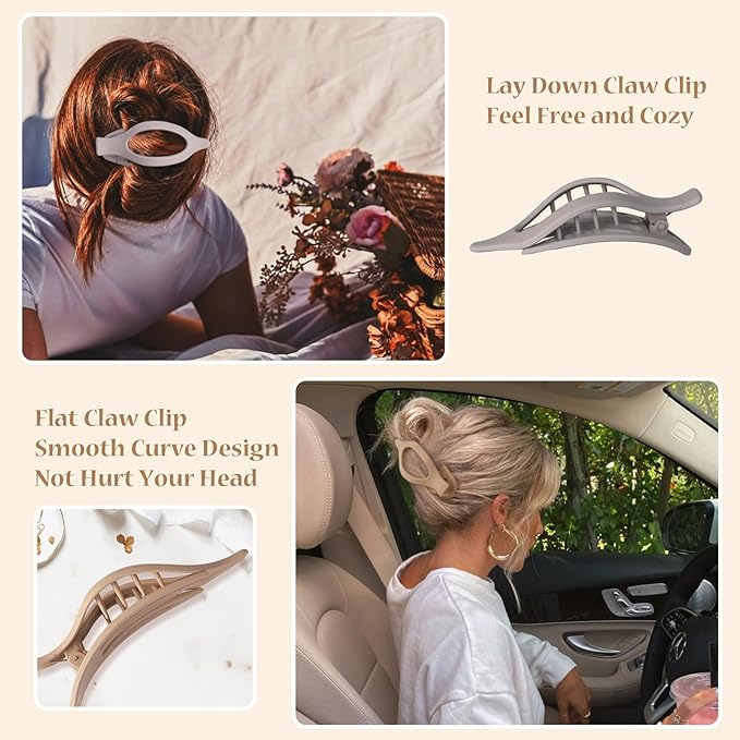 Flat Hair Clip 6 pcs Lay Down Claw Clips Hair Accessories for Women -Brown Grey