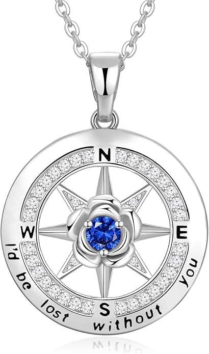 Silver Compass Necklace for Women Birthday Gifts for Wife Anniversary Necklace for Women Rose Flower Birthstone Necklaces for Wife Jewelry for Womens Girlfriend Mom Daughter