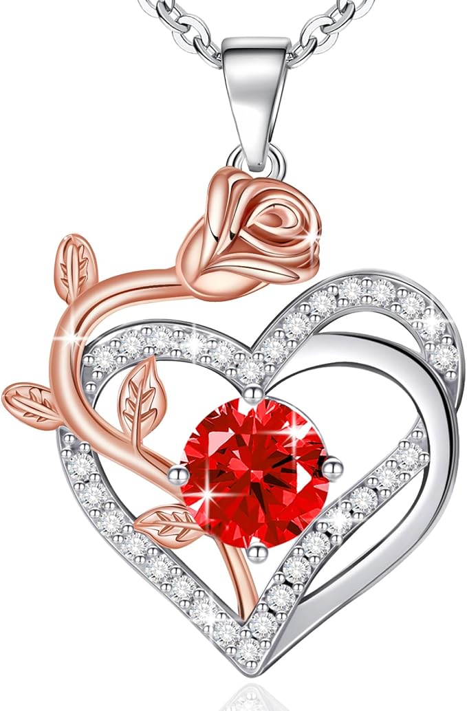 moshen Rose Heart Necklace for Women,925 Sterling Silver Birthstone Pendant - Gift for Women on Valentine's Day, Birthday, Christmas, Anniversary, Mather's Day (07-July-Ruby)