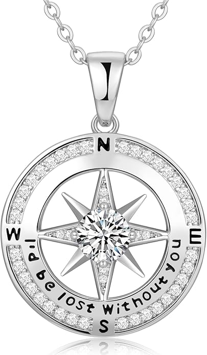 Compass Necklace Gifts for Women wife - S925 Sterling Silver Birthstone Necklaces for Women - Anniversary Birthday Gifts for Her Wife Girlfriend - Valentines Mom Mothers Day Christmas Gifts Jewelry for Women