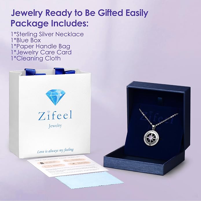 Compass Necklace Gifts for Women wife - S925 Sterling Silver Birthstone Necklaces for Women - Anniversary Birthday Gifts for Her Wife Girlfriend - Valentines Mom Mothers Day Christmas Gifts Jewelry for Women