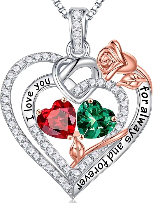 Iefil Rose Heart Necklace Gifts for Wife Women - 925 Sterling Silver Double Birthstone Necklace, Anniversary Birthday Gifts for Women, Jewelry Gift for Wife Girlfriend Mom Her