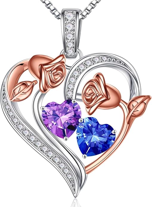 Iefil Birthstone Necklace for Women - 925 Sterling Silver Rose Heart Necklace, Birthstone Jewelry, Anniversary Birthday Gifts for Wife Girlfriend Mom Daughter
