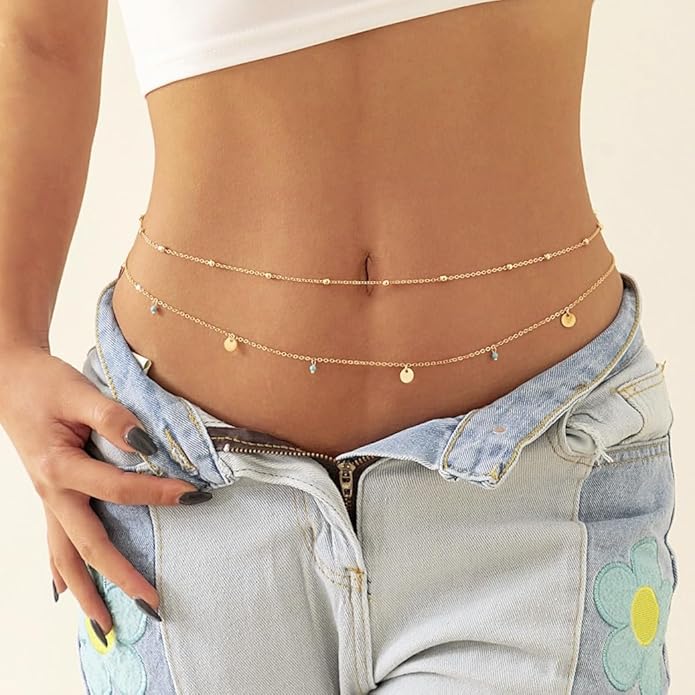 Turandoss 1-3PCS 18K Gold Plated Waist Chains for Women - Gold Layered Belly Body Chain for The Waist Adjustable Multilayer Sexy Bikini Waist Chain for Women Dainty Beach Waist Jewelry for Women
